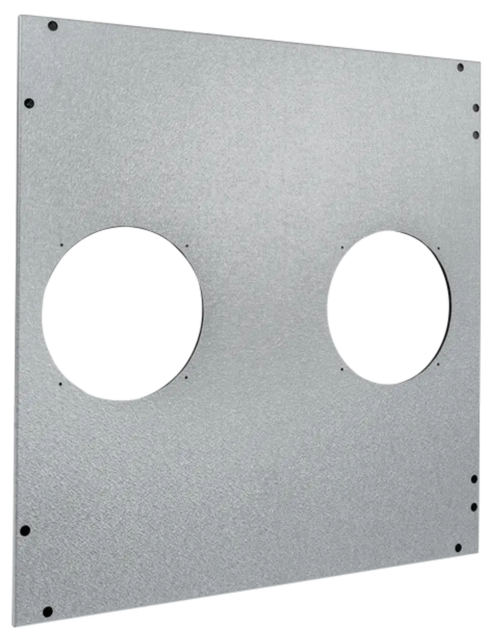 Verkleidung aus Metall mit zwei runden Ausschnitten. Produkt von WOLF, geeignet für die Installation in Heiz- oder Lüftungsanwendungen.